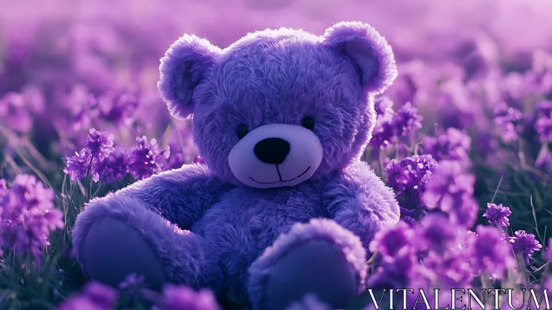 Soft plush teddy bear rendered in shallow depth lavender field