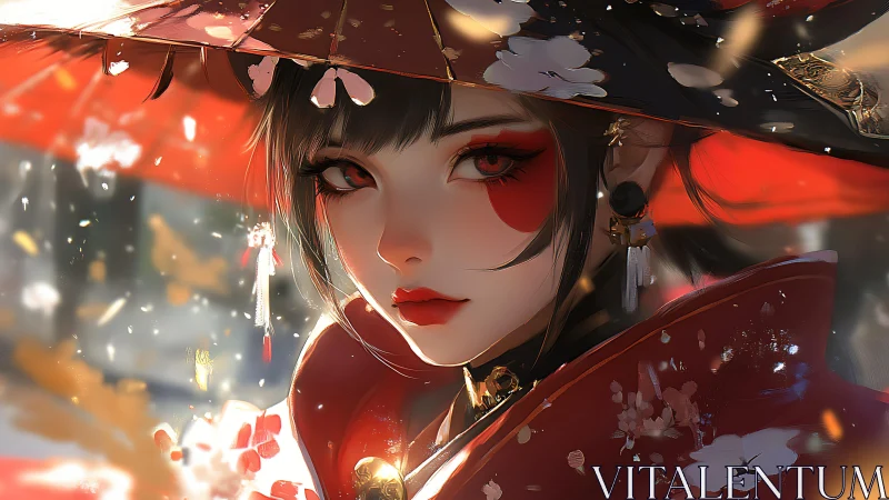 Digital portrait of woman in red kimono and wide hat.