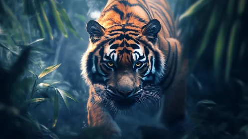 Powerful tiger moves quietly through misty jungle shadows