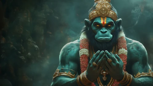 Mythic simian warrior deity in ornate gold regalia, cinematic