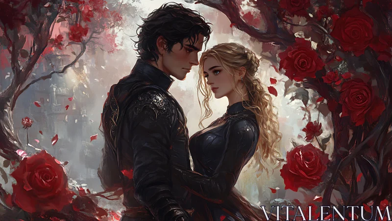 Romantic fantasy couple in rose garden with dramatic lighting.
