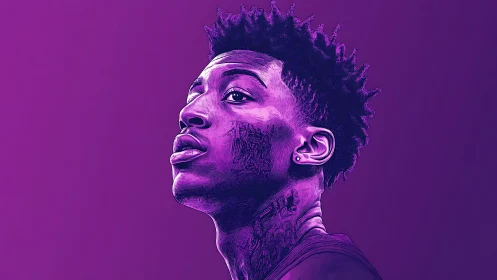 Purple digital portrait shows stylized man in profile view
