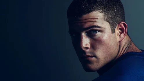 Male athlete portrait shows intense side gaze in shadow