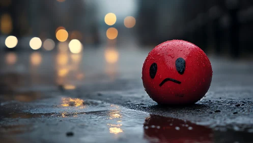 Rainy sidewalk misfit ball wearing a lonely sad face.