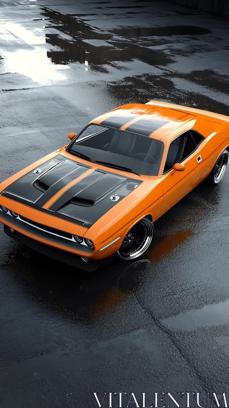Orange muscle car on wet asphalt surface after rainfall.