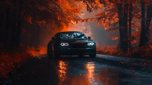 Luxury car glows on a moody wet road through autumn forest.