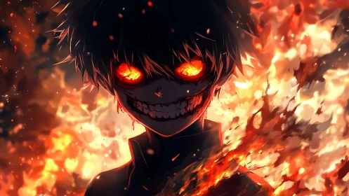 Flaming-eyed anime demon smiles within a roaring inferno