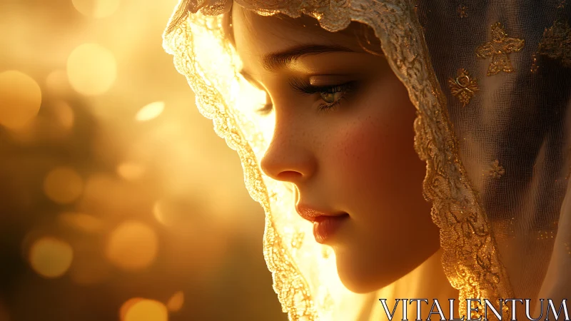 Golden hour portrait reveals veiled profile in ethereal light