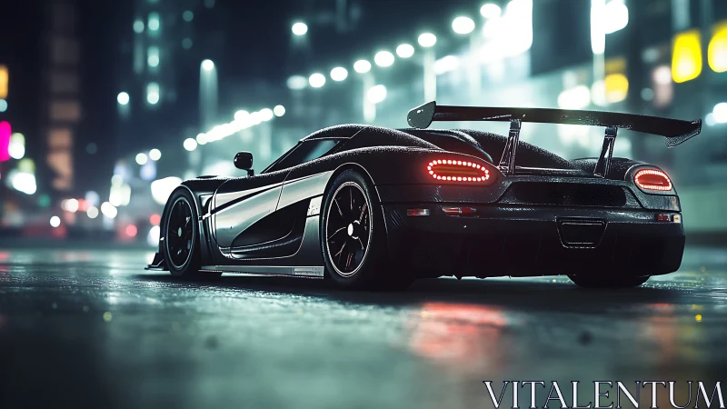Hypercar rear profile under neon-lit wet urban nightscape