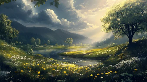 Sunlit valley meadow resting beneath gathering clouds.