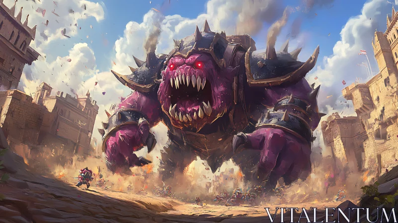 Colossal purple warbeast storms a crumbling fantasy citadel.