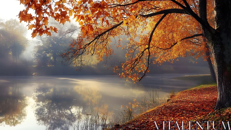 Golden autumn tree by a quiet misty lakeside path.