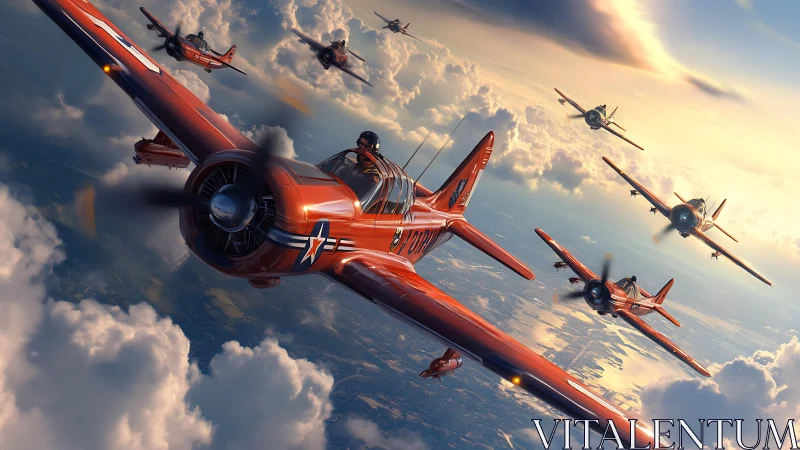 Crimson stunt squadron carving sunlight through wild clouds.