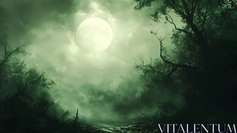 Backlit lunar mist envelops dense forest canopy in monochrome green