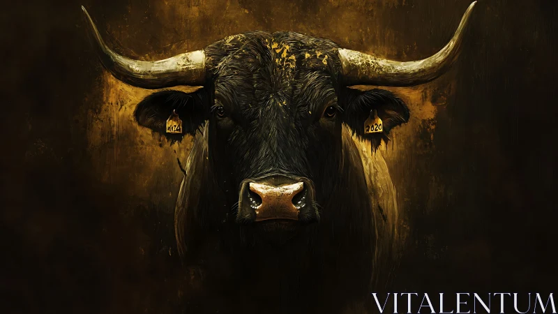 Front-facing horned bull portrait on dark ochre ground.