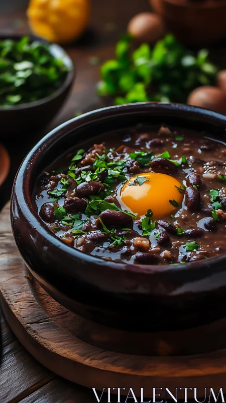 Rustic bean cauldron crowned with a golden egg sun.