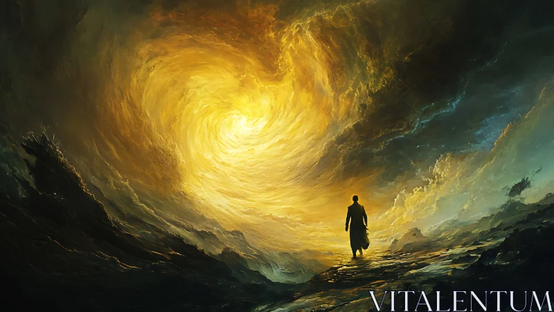 Lone wanderer walking toward a swirling golden sky portal.