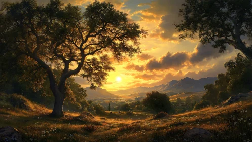 Golden sunset illuminates tranquil valley landscape view