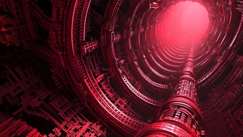 Crimson data spire tunnels upward into a digital eclipse