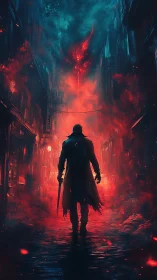 Lone figure in alley with red spectral form overhead.