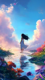 Solitary figure by reflective water under expansive sky.