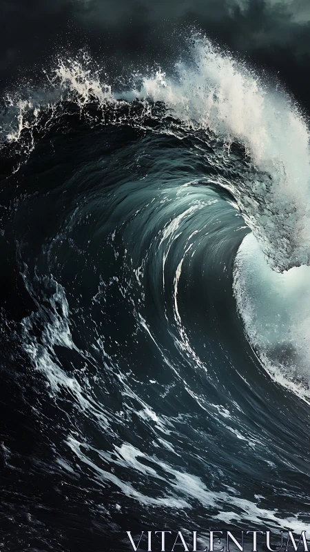 Storm-tossed titan wave curling into a midnight cathedral.