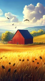 Golden fields and a bright red barn under drifting clouds.