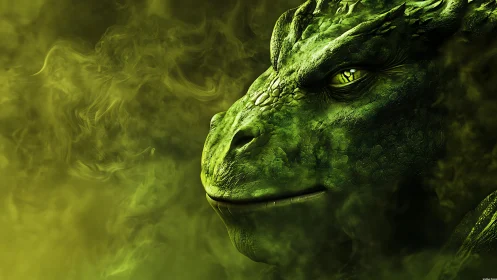 Bioluminescent emerald dragon portrait in swirling toxic haze