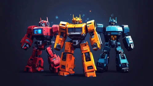 Color-charged battle mechs stand united in neon glow.