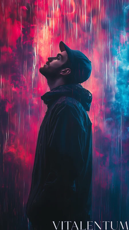 Neon rainwatcher gazes upward in electric twilight storm.