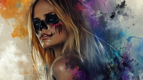 Portrait of woman with skull makeup amid dynamic splatter gradients