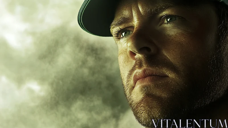 Close cropped male portrait under green cap in haze.