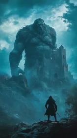 Colossal stone giant confronting lone warrior in teal fog.