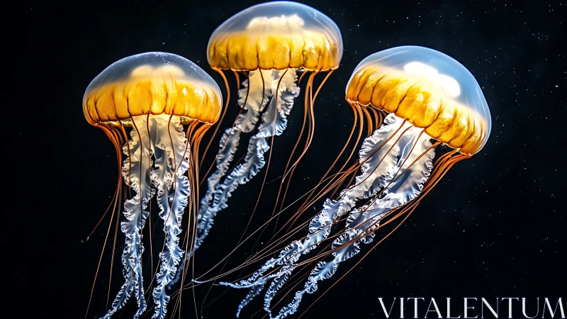 Golden jellyfish drift through deep black ocean void