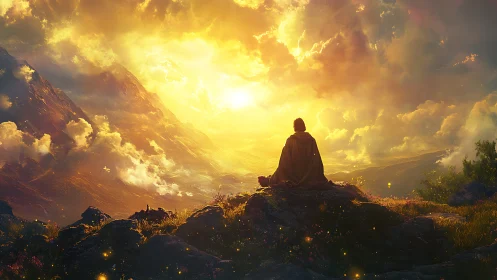 Solitary robed figure meditating under radiant sunrise sky.