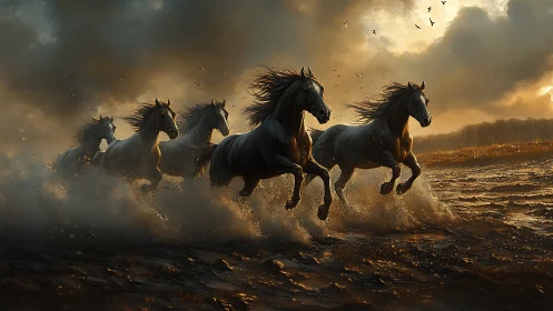 Stormlit wild horses charging through molten evening surf.