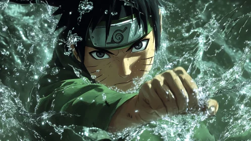 Dynamic anime portrait with kinetic water and frontal punch.