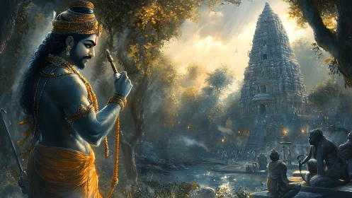 Blue-skinned deity near riverside temple in forest light.