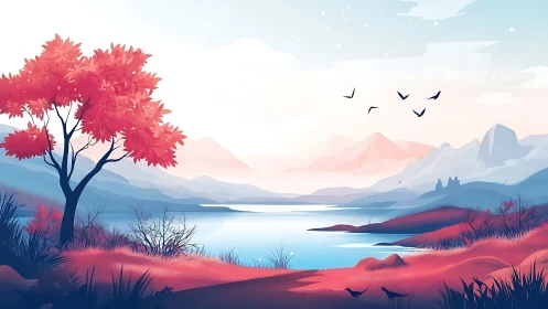Stylized lake landscape with pink foliage and distant mountains.