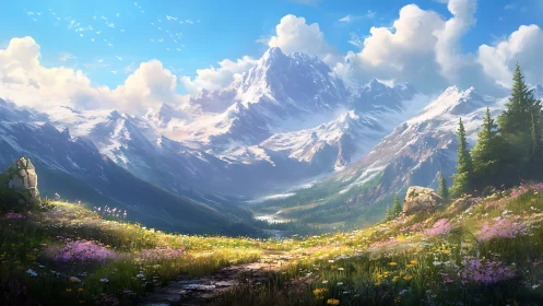 Mountain valley landscape shows snowy peaks and flowered path
