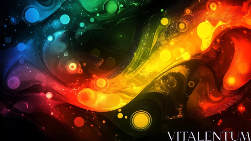 Abstract multicolored flowing waves with circular light forms.