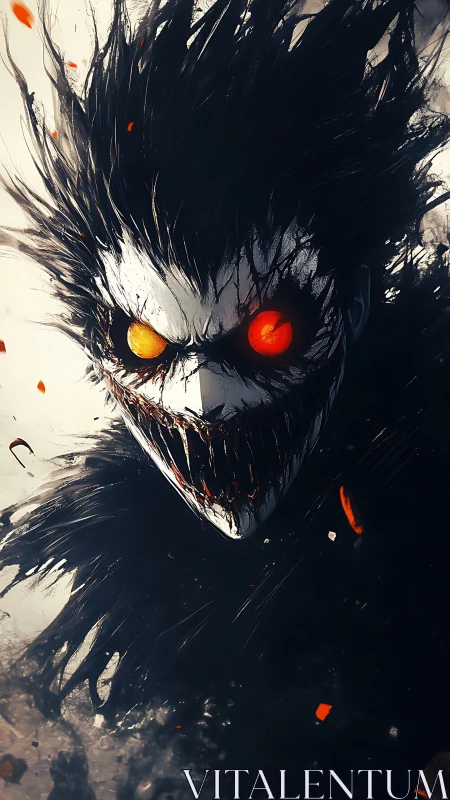 Demonic figure glares with blazing eyes and serrated grin