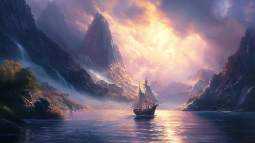 Sailing vessel on calm water between steep coastal mountains.