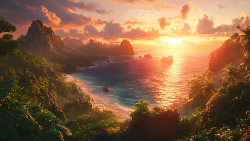 Tropical Sunset Over Coastal Peaks and Sea.