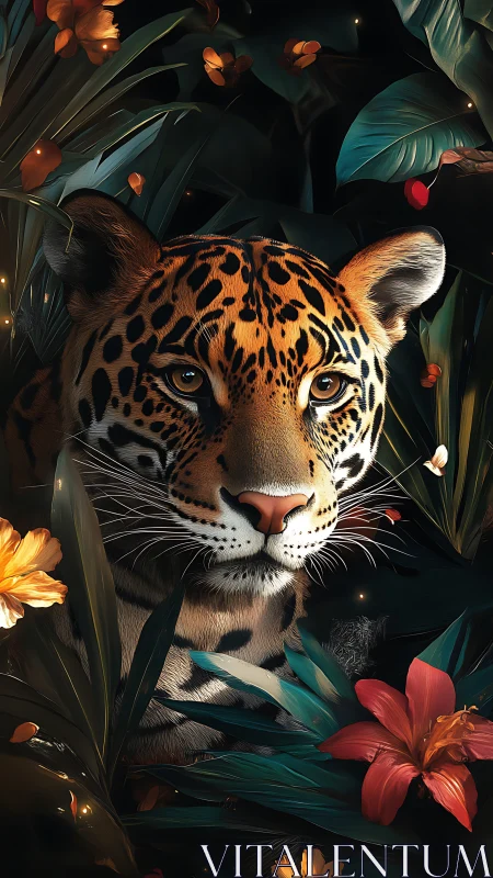 Jaguar portrait framed by luminous tropical florals at dusk.