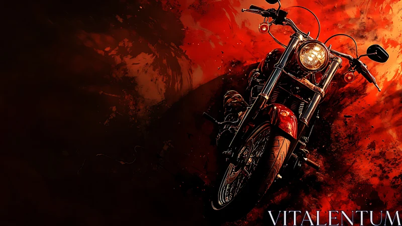 Red cruiser motorcycle on intense fiery abstract background.