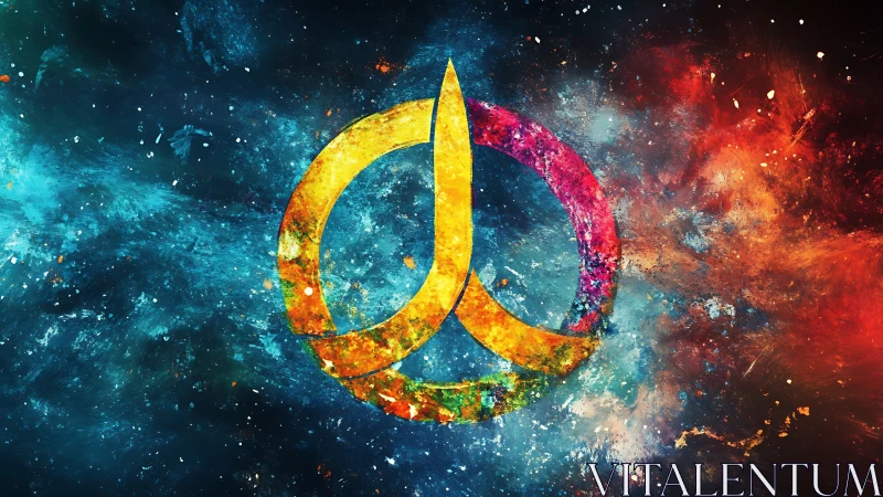 Cosmic peace symbol radiates through vibrant nebulas.