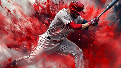 Baseball batter in red uniform with abstract red splash background.