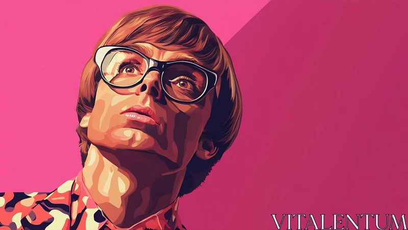 Stylized portrait of person in glasses on bold pink field.