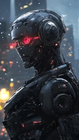 Cybernetic combat android with red optic core in snowfall